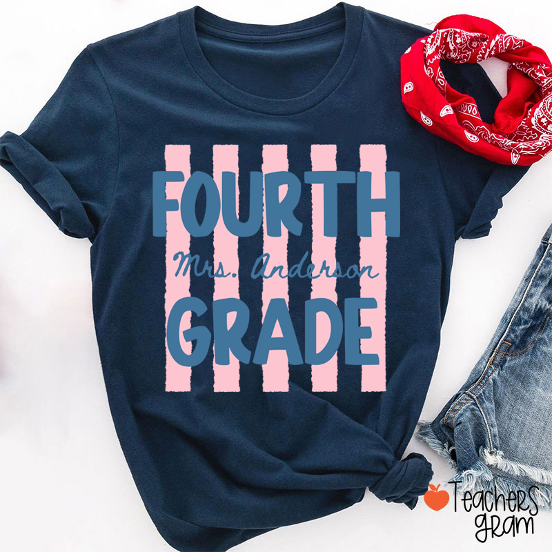 Personalized Name And Grade Preppy Stripes Teacher T-Shirt