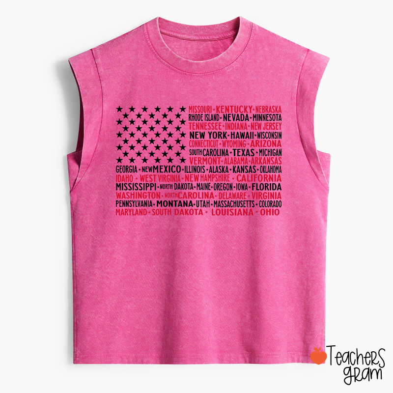 Vintage American Flag 4th Of July Teacher Washed Tank Top