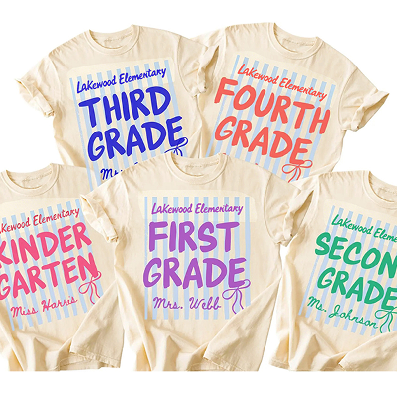 Personalized Grade And School Name Preppy Stripes Bow Teacher T-Shirt