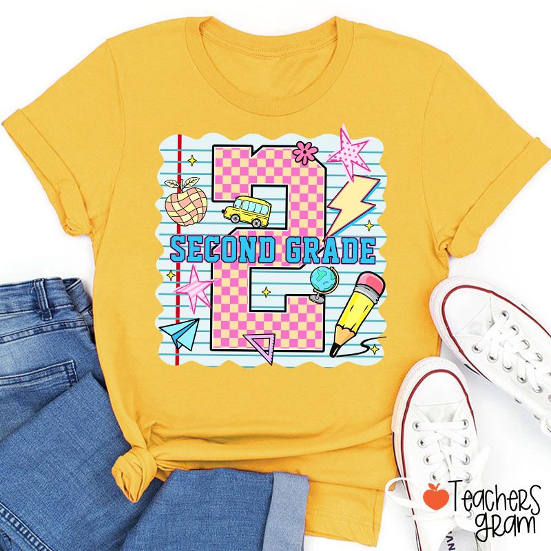 Personalized Pink Plaid And Notebook Style Teacher T-Shirt