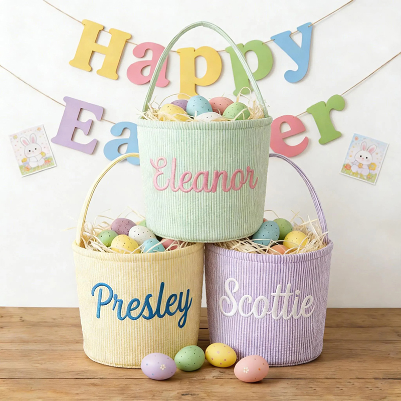 Personalized Faux Embroidered Easter Seersucker Teacher Basket