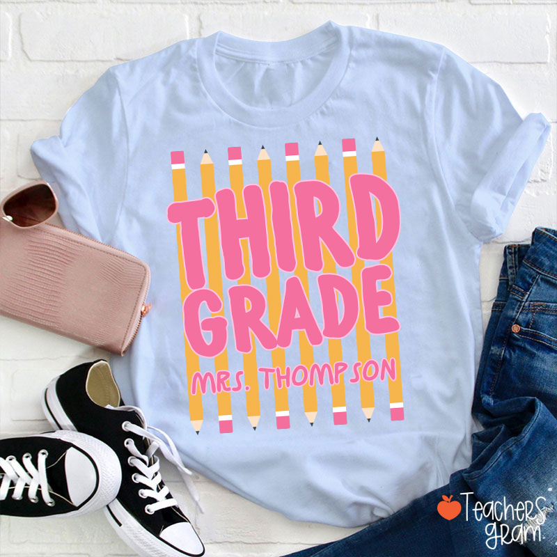 Personalized Name And Grade Pencil Stripes Teacher T-Shirt