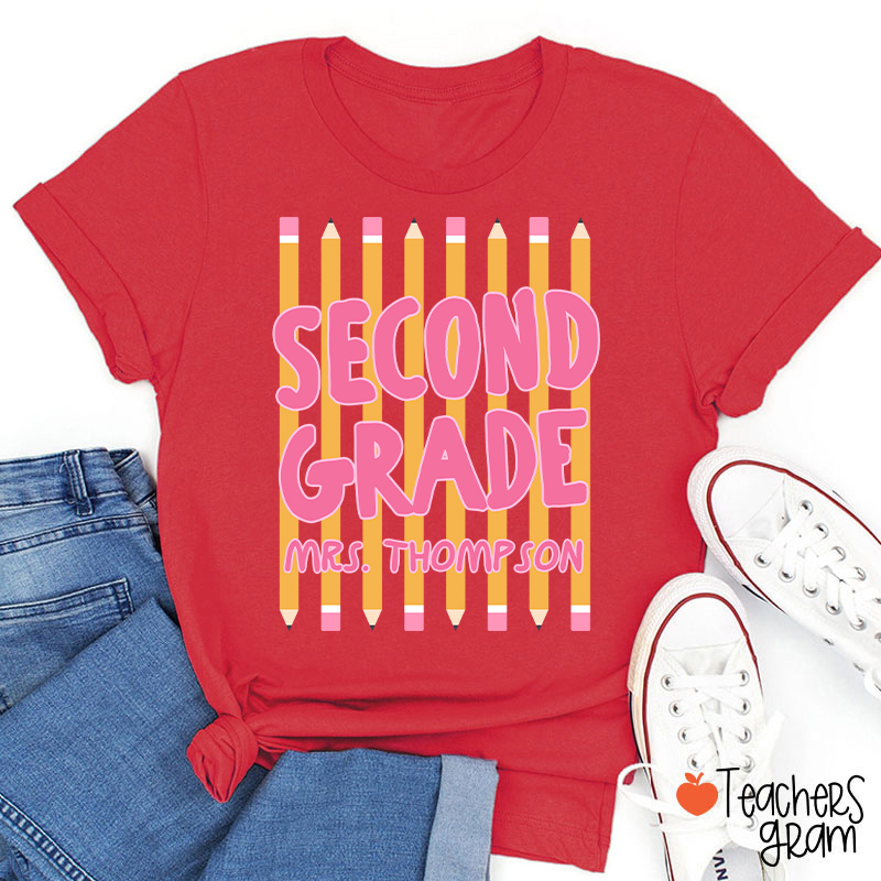 Personalized Name And Grade Pencil Stripes Teacher T-Shirt