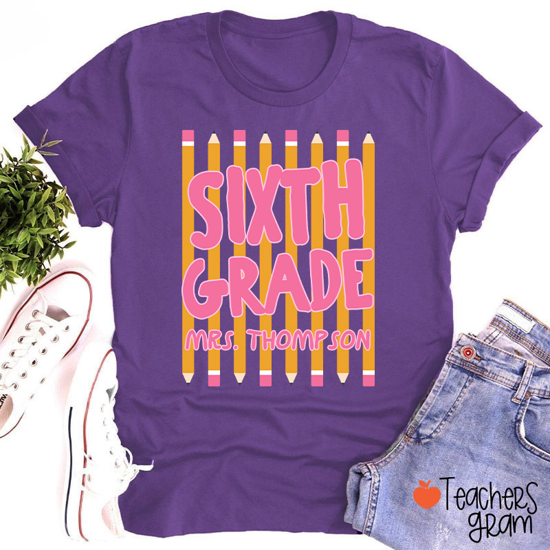 Personalized Name And Grade Pencil Stripes Teacher T-Shirt