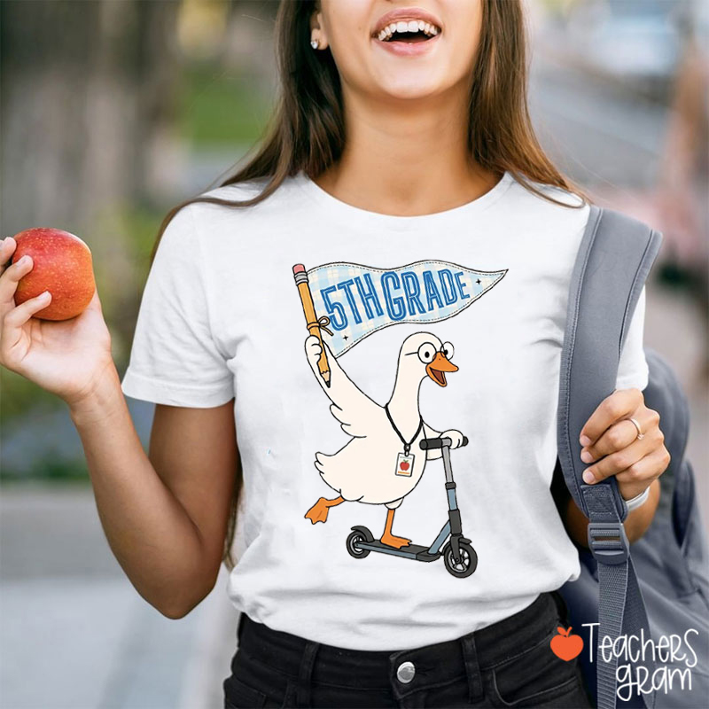 Personalized Grade Silly Goose Scooter Pennant Pencil Teacher T-Shirt