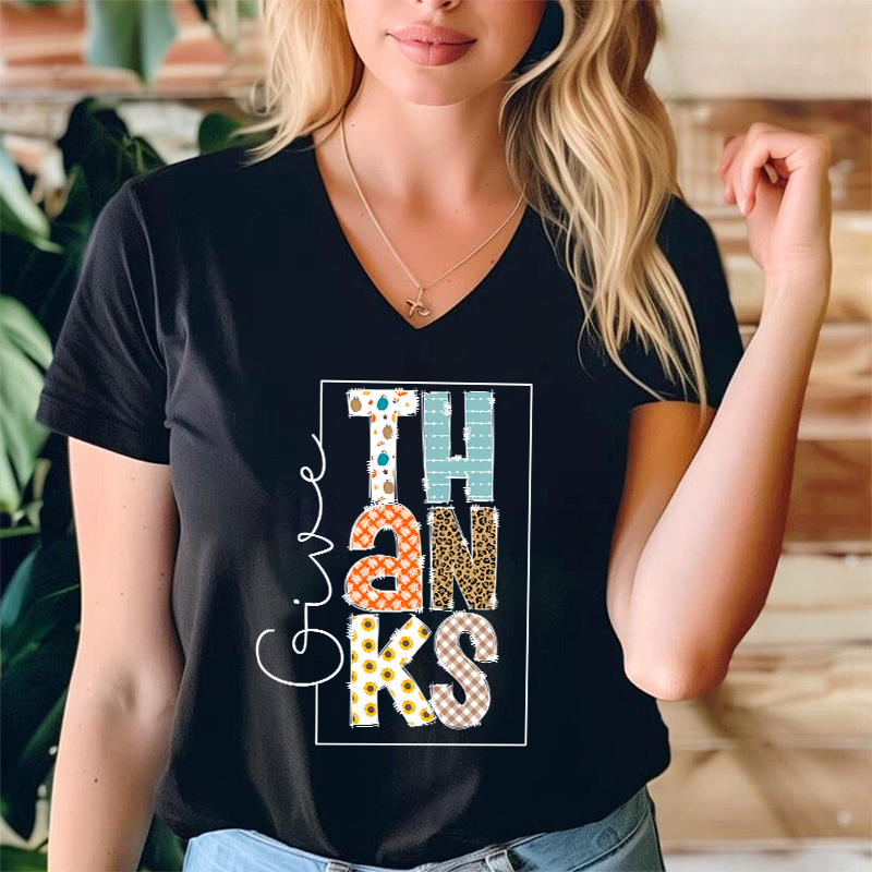 Give Thanks Teacher Female V-Neck T-Shirt