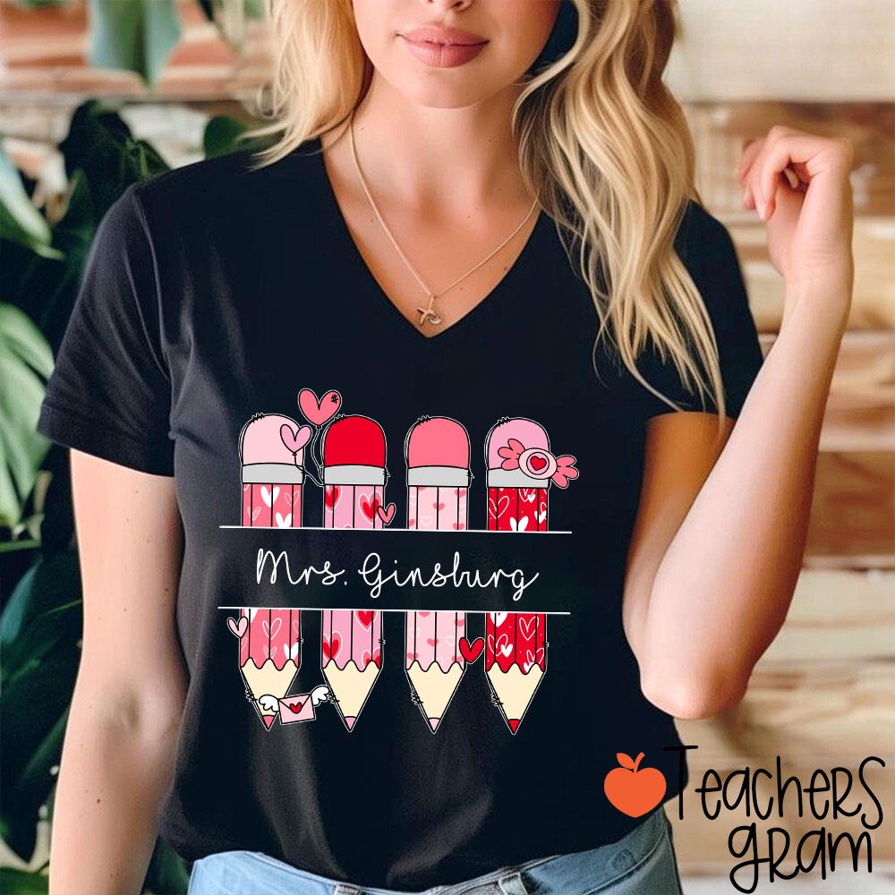 Personalized Pink Pencil Name Teacher Female V-Neck T-Shirt