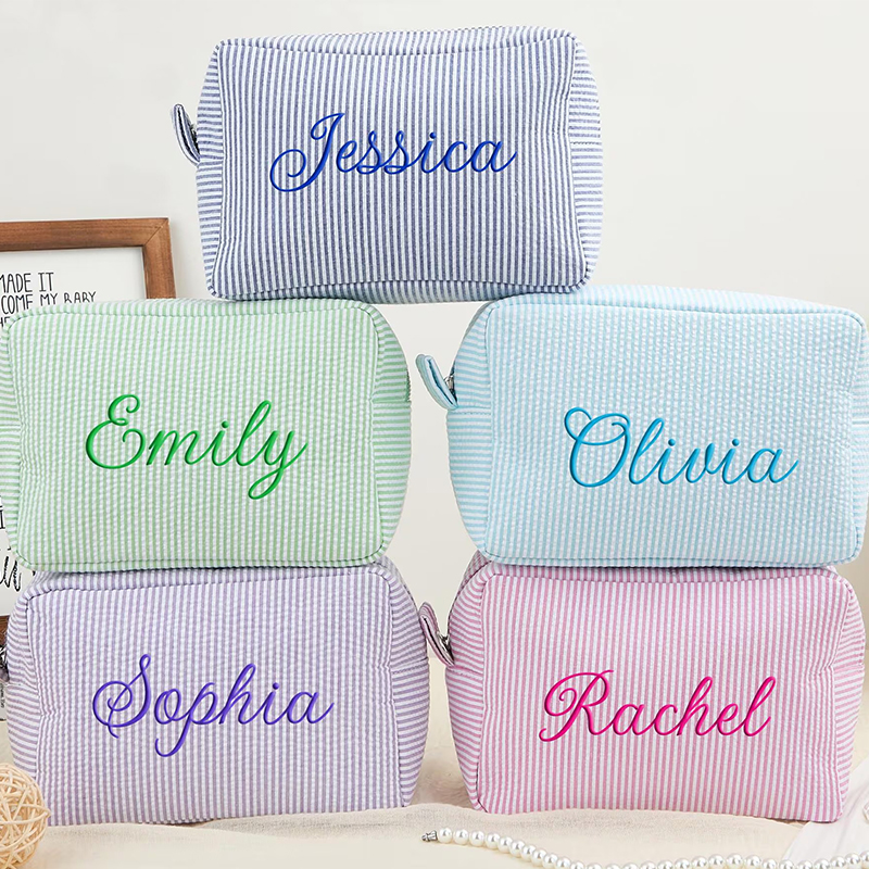 Personalized Name Embroidered Seersucker Makeup Bag