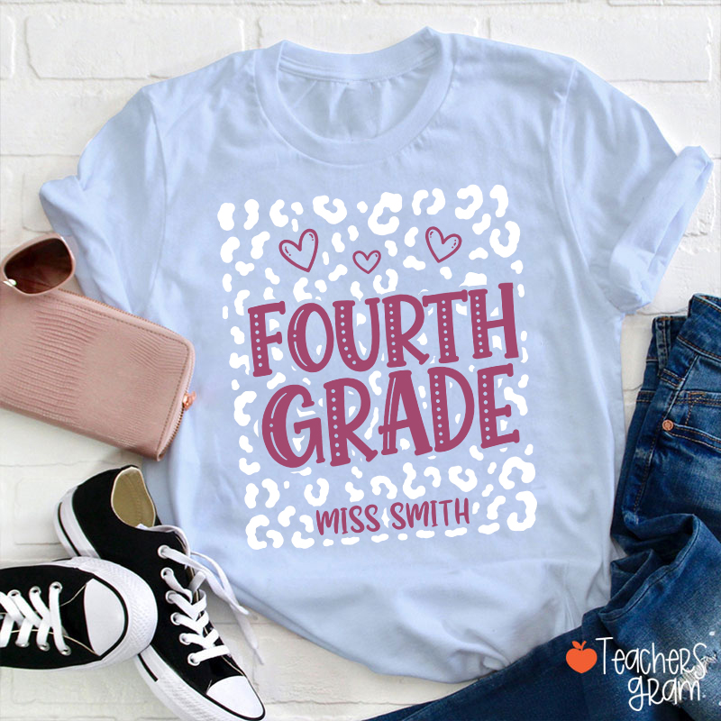 Personalized Name And Grade Leopard Heart Teacher T-Shirt