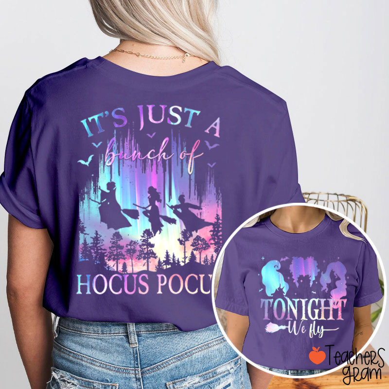 Tonight We Fly Witch Silhouette Broom Bat Teacher Two Sided T‑Shirt