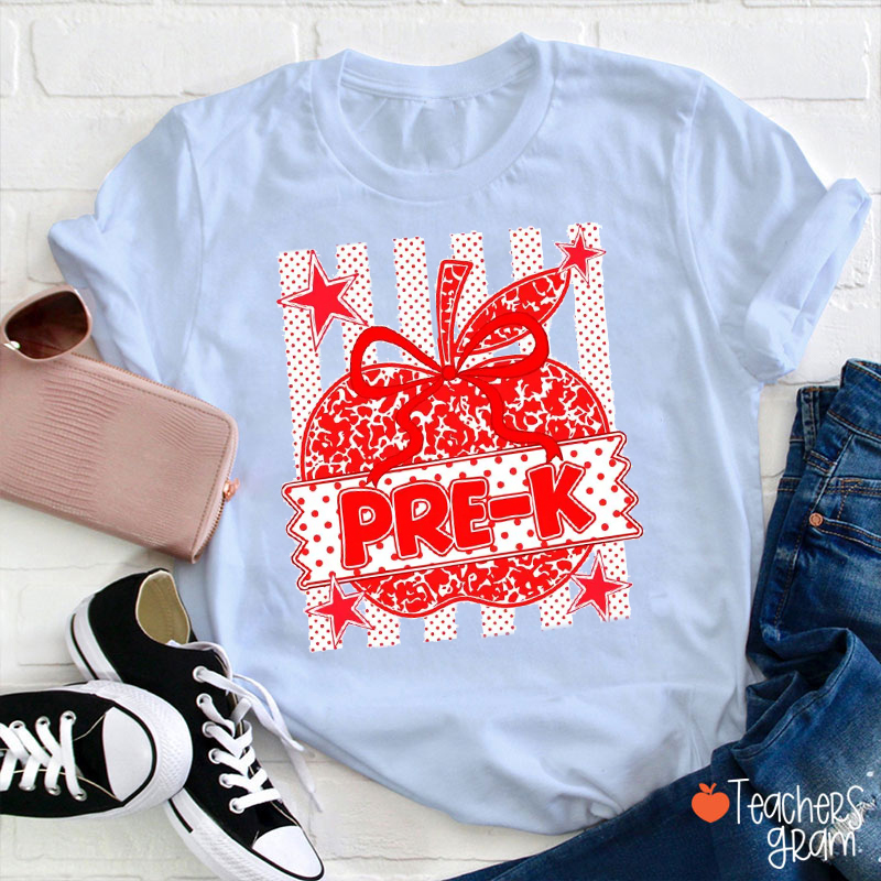 Personalized Stripe And Red Apple Teacher T-Shirt