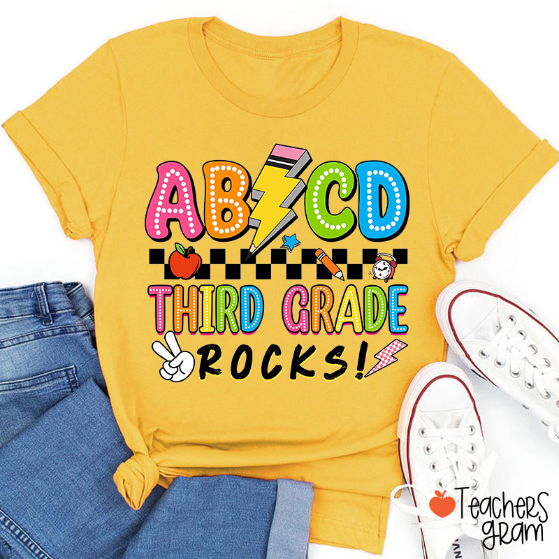 Personalized Grade Rock Checkerboard Lightning Pencil Teacher T-Shirt