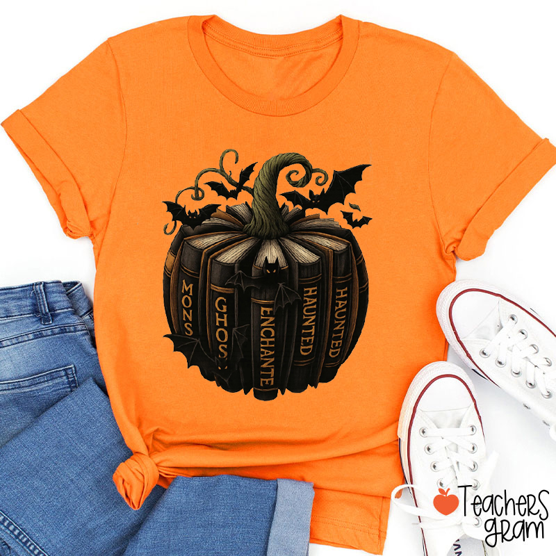 Spooky Ghost Monster Haunted Book Pumpkin Teacher T-Shirt