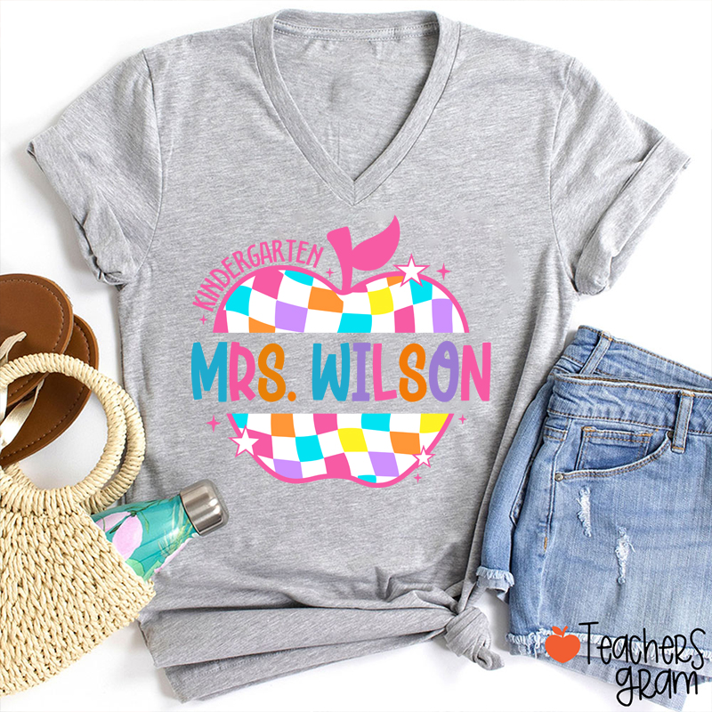 Personalized Colorful Checkerboard Hollow Apple Teacher Female V-Neck T-Shirt