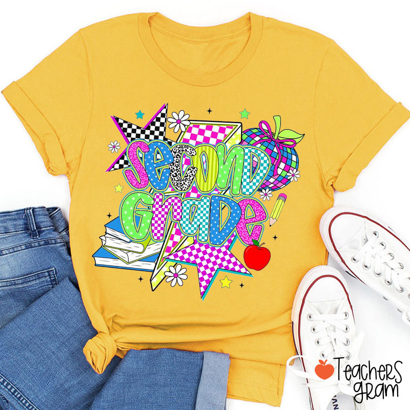 Personalized Grade Checkerboard Star Apple Lightning Book Flower Teacher T-Shirt