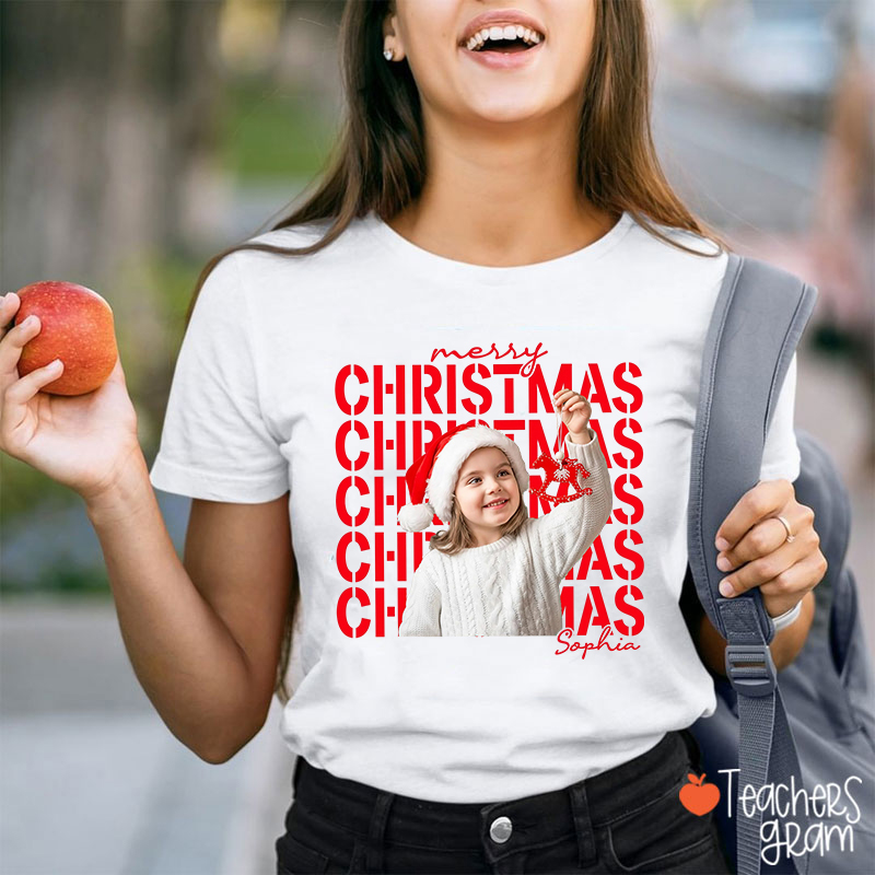 Personalized Stacked Merry Christmas Photo Teacher T-Shirt