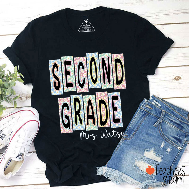 Personalized Grade Name Flower Rectangle Teacher T-Shirt