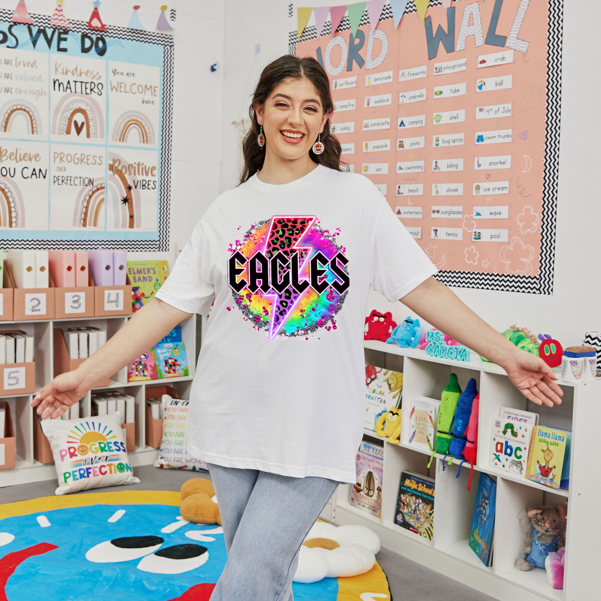 Personalized Colorful Neon Lightning Mascot Teacher T-Shirt