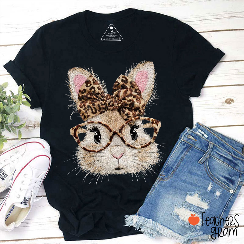 Faux Embroidered Retro Easter Bunny Teacher T-Shirt