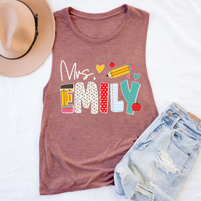 Personalized Teacher's Name Cute Pencil Icon Teacher Tank Top