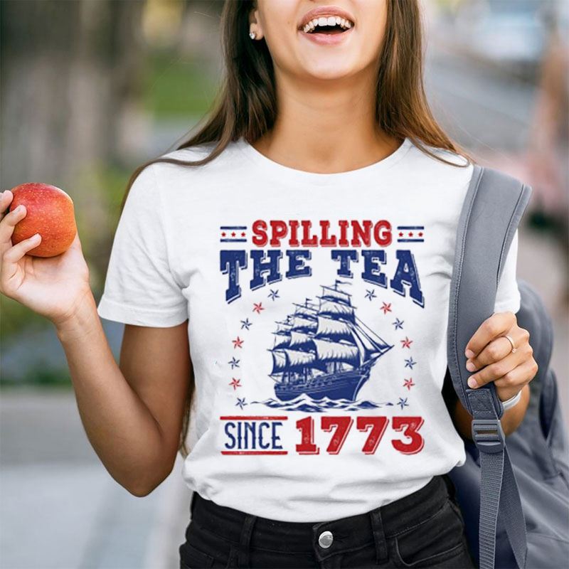 Red And Blue Spilling The Tea Teacher T-Shirt