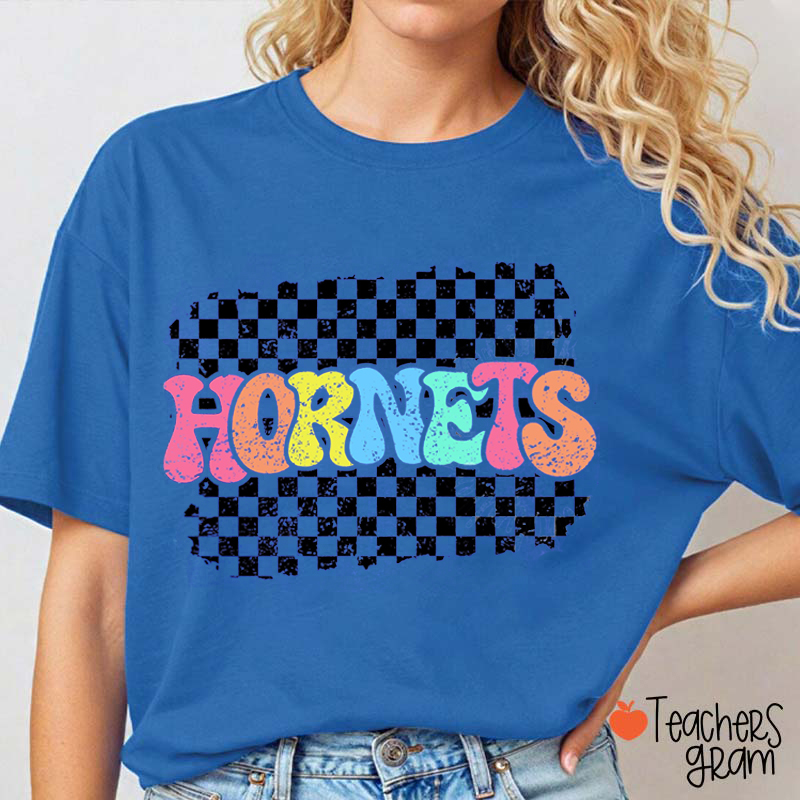 Personalized Mascot Checkered Print School Spirit Teacher T-Shirt