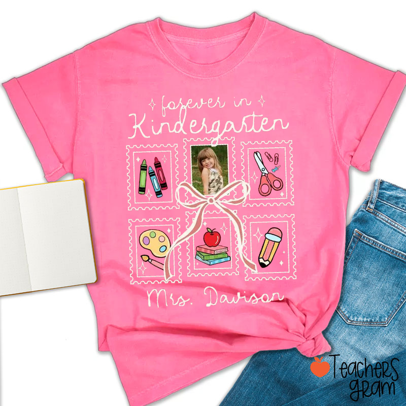 Personalized Grade And Name Photo Stamp Bow Forever Teacher T-Shirt