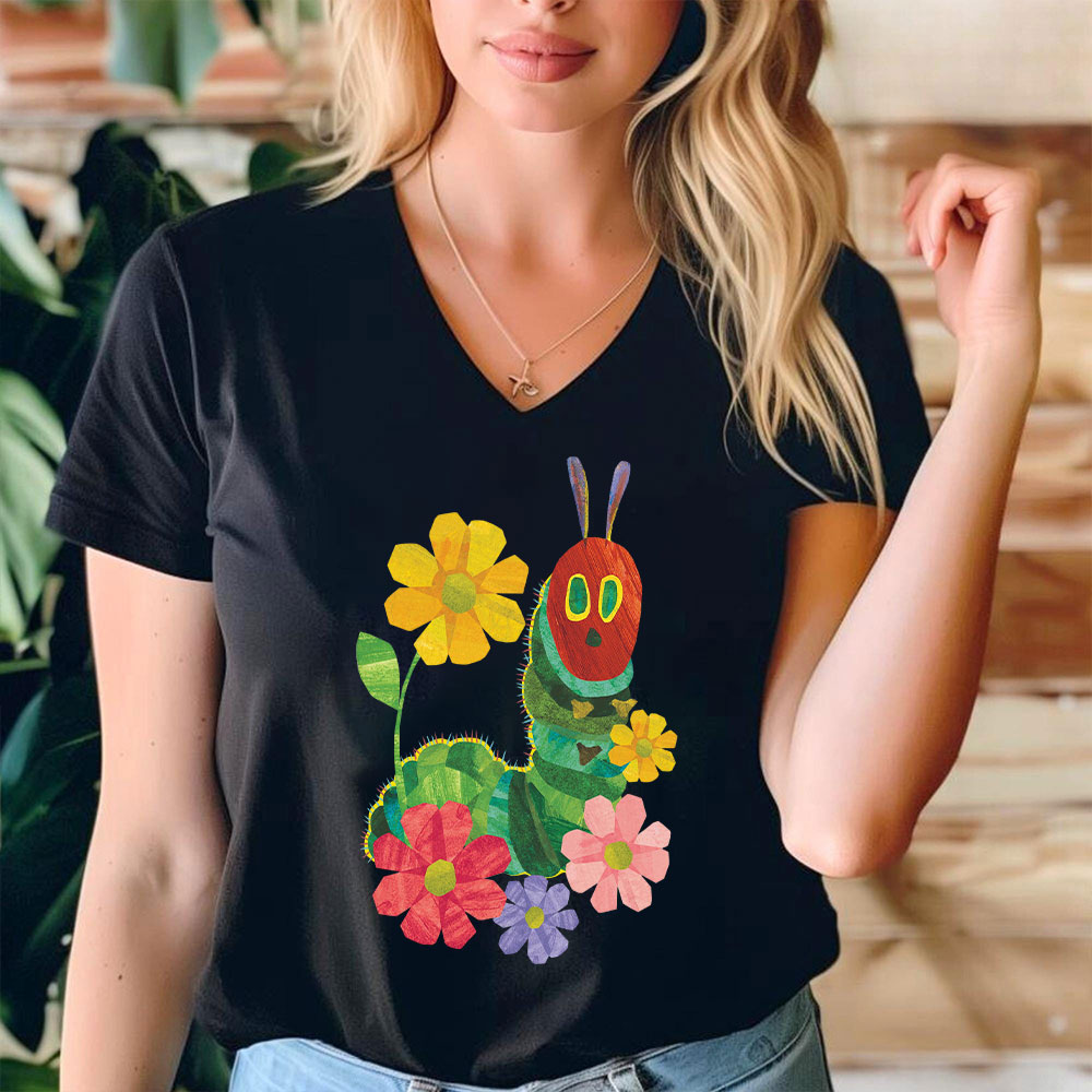 Flowers And The Very Hungry Caterpillar Teacher Female V-Neck T-Shirt