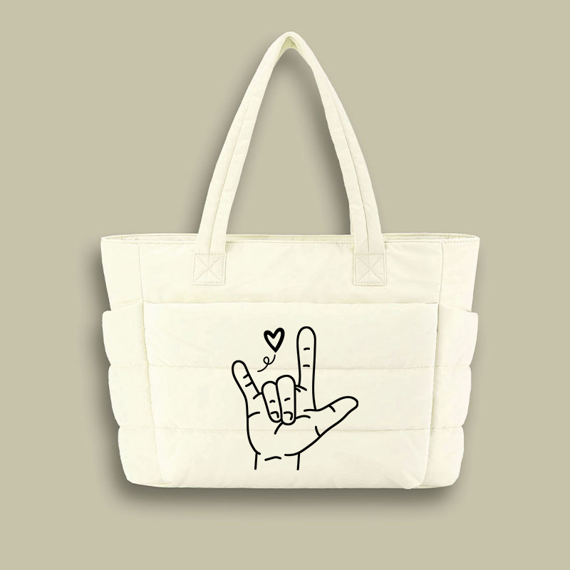 Sign Language Love Needs No Words Teacher Puffy Tote Bag