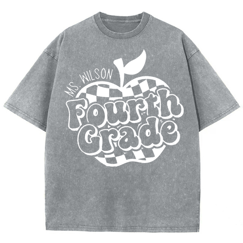 Personalized Teacher's Name And Grade Plaid Apple Icon Teacher Washed T-Shirt