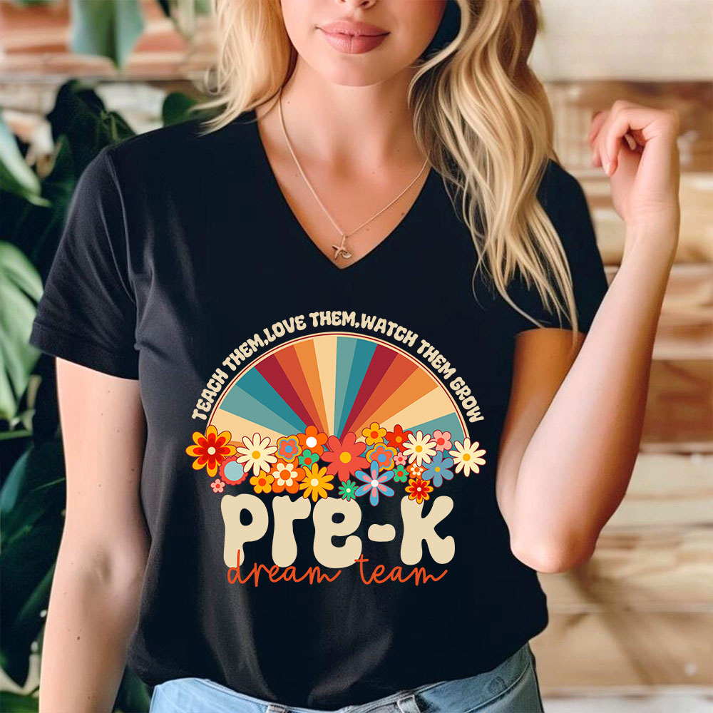 Personalized Teach Love Watch Them Grow Teacher Female V-Neck T-Shirt