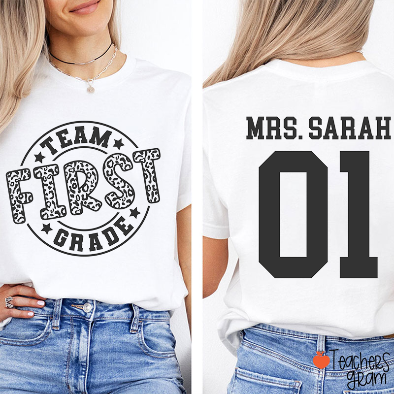 Personalized Grade Name Number Star Teacher Two Sided T-Shirt