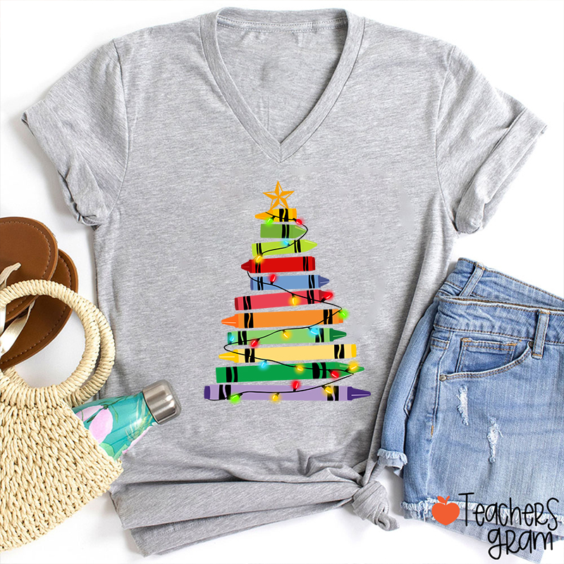 Crayons Tree Colored Ligths Teacher Female V-Neck T-Shirt