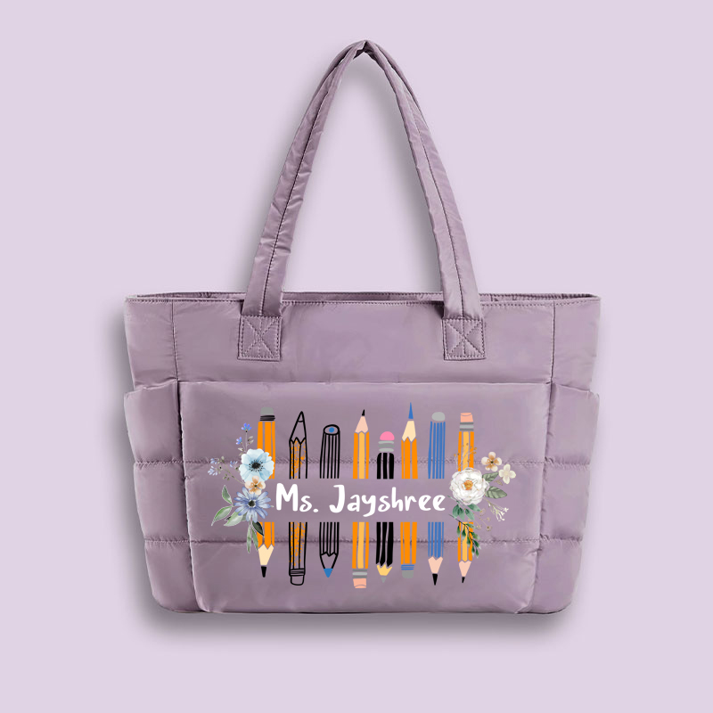 Personalized Name Colored Pencil Flowers Teacher Puffy Tote Bag