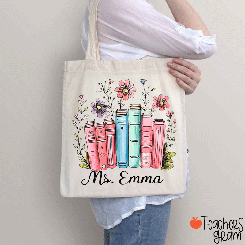 Personalized Name Flower Book Teacher Tote Bag