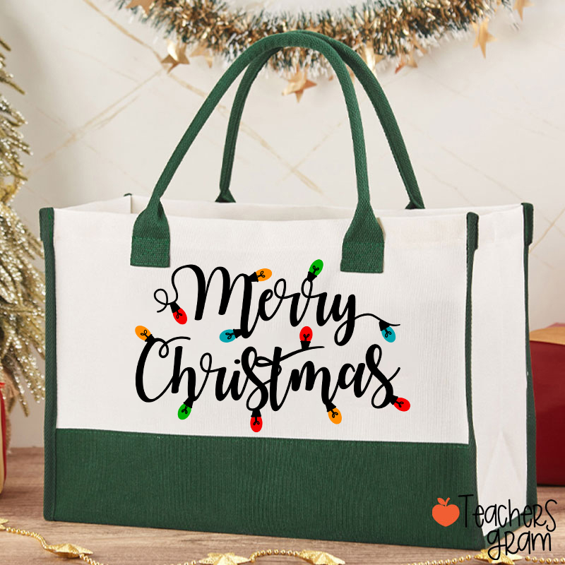 Merry Christmas Colorful Lights Teacher Cotton Tote Bag