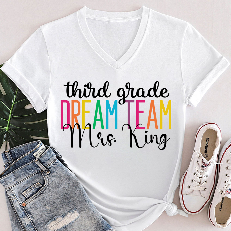 Personalized Back To School Dream Team Teacher Female V-Neck T-Shirt