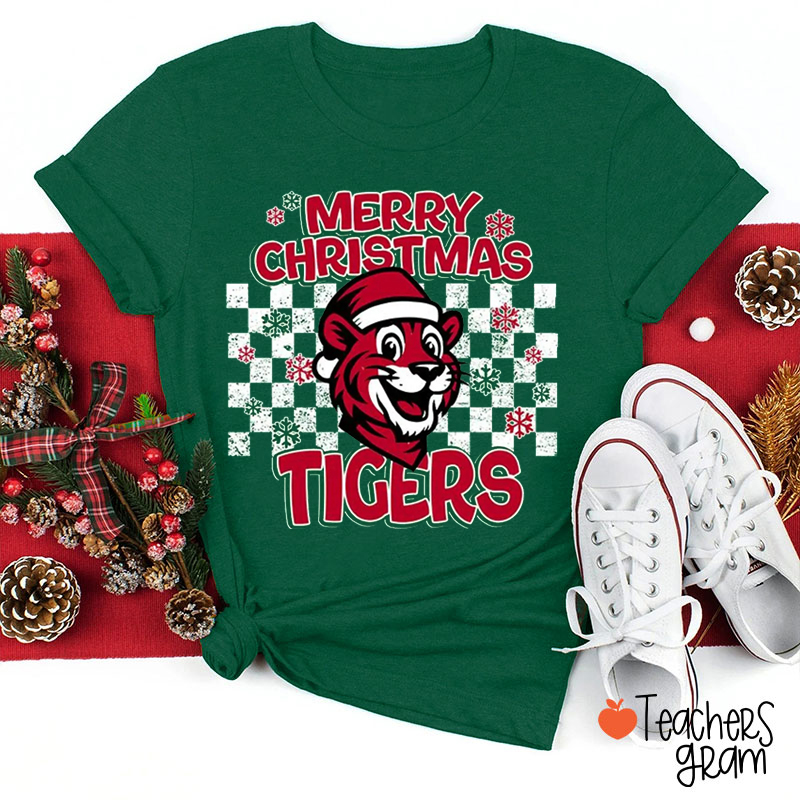 Personalized Mascot Checkerboard Snowflake Christmas Teacher T-Shirt