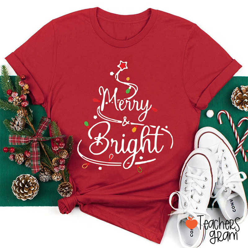 Merry And Bright Christmas Tree Teacher T-Shirt
