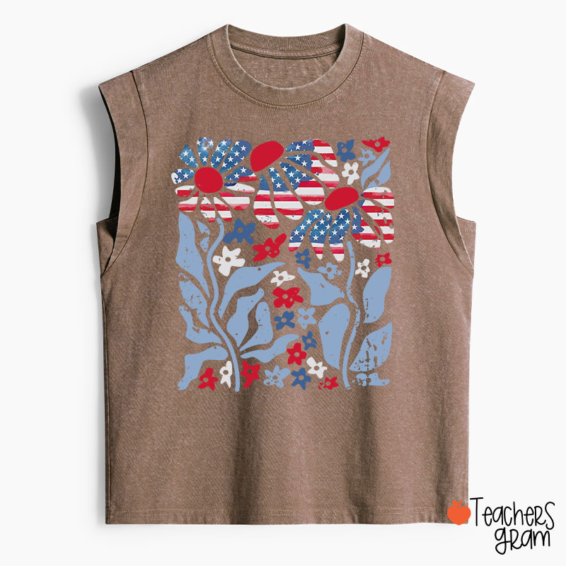 Boho Patriotic Daisy American Flag Floral Teacher Washed Tank Top
