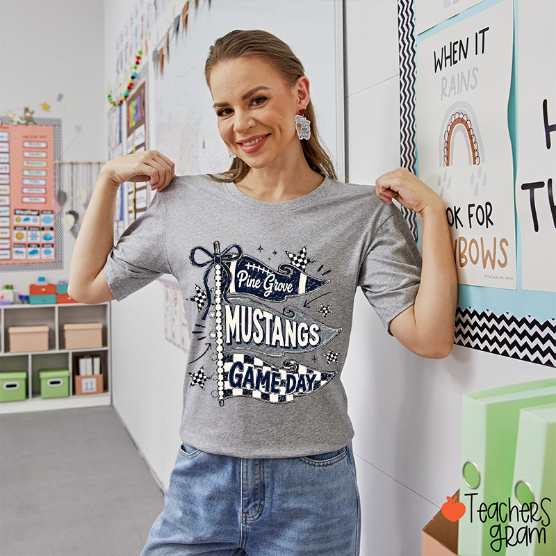 Personalized Mascot School Name Sport Checkered Pennant Bow Game Day Teacher T-Shirt
