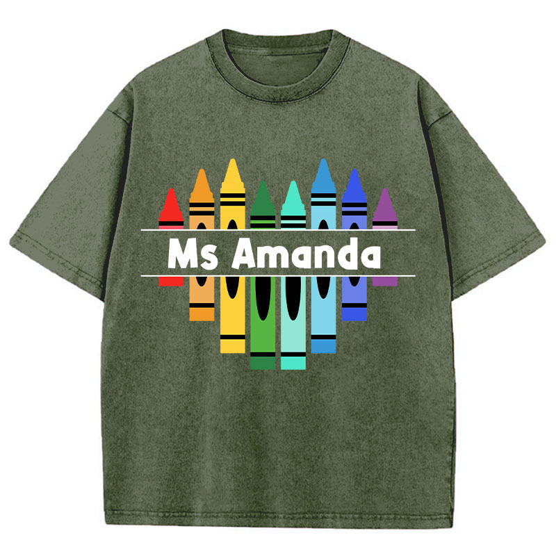 Personalized Name Colorful Crayons Teacher Washed T-Shirt