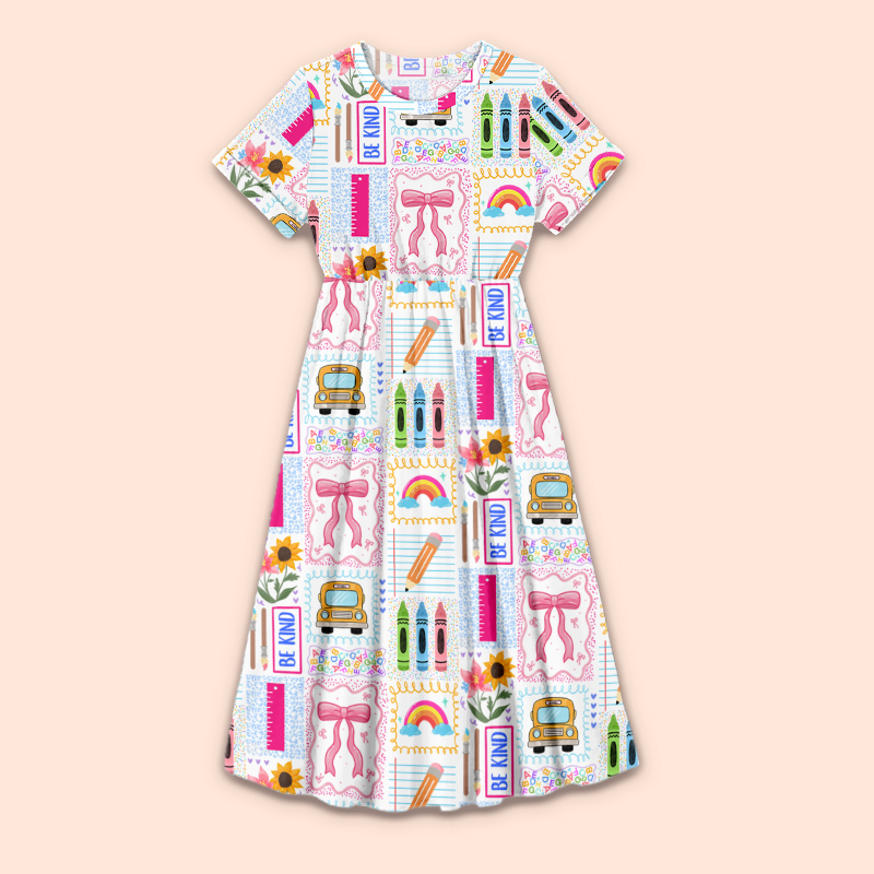 Pink Bow Crayon School Bus Teacher Printed One Piece Dress