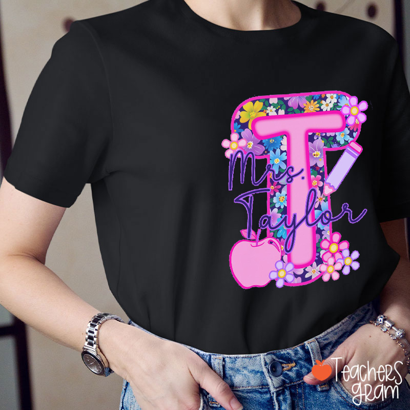 Personalized Name Pink Flowers Initials Teacher T-Shirt