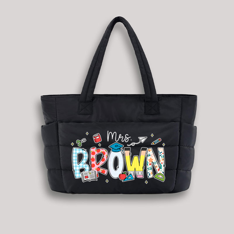 Personalized Name Cartoon Stationery Teacher Puffy Tote Bag