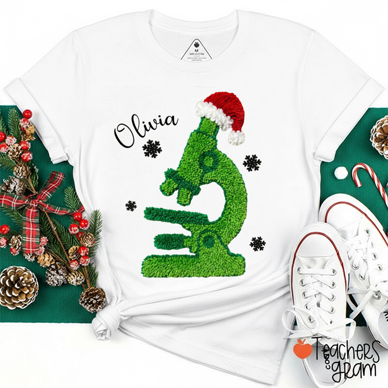 Personalized Name Faux Yarn Christmas Microscope Teacher T-Shirt