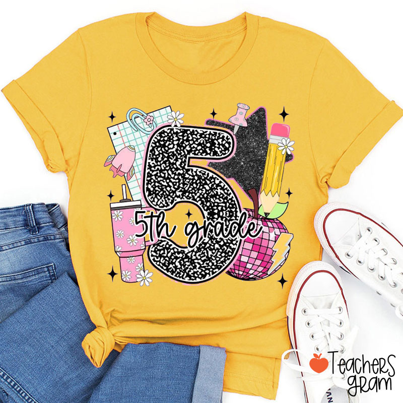 Personalized Grade Star Light Ball Apple Pencil Cup Notebook Teacher T-Shirt