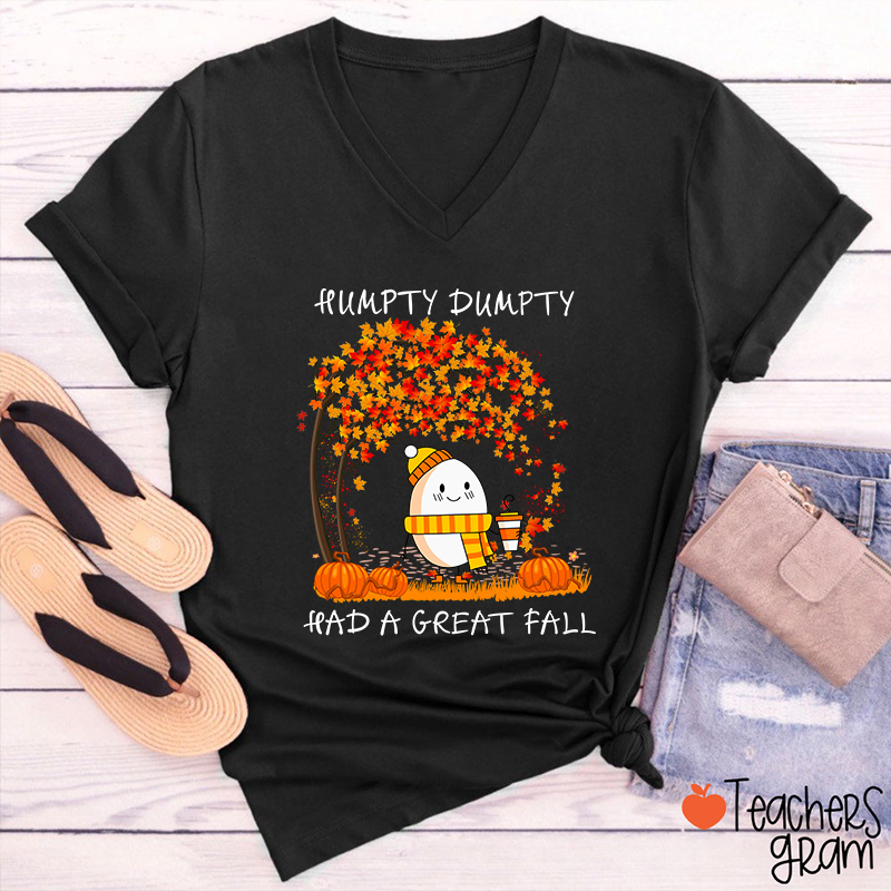 Humpty Happy Autumn Happy Fall Teacher Female V-Neck T-Shirt
