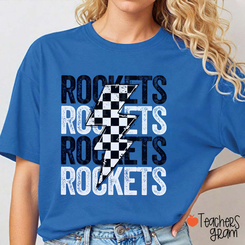 Personalized Mascot Checkered Lightning School Spirit Teacher T-Shirt