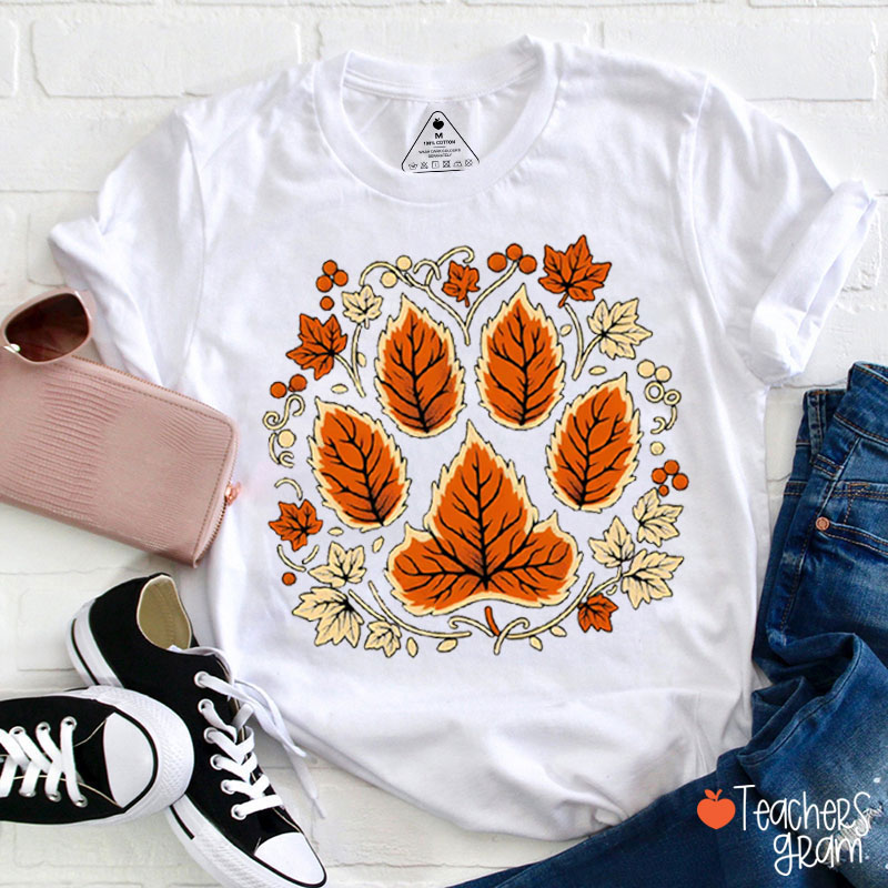 Cute Paw Leaves Fall Vibe Teacher T-Shirt
